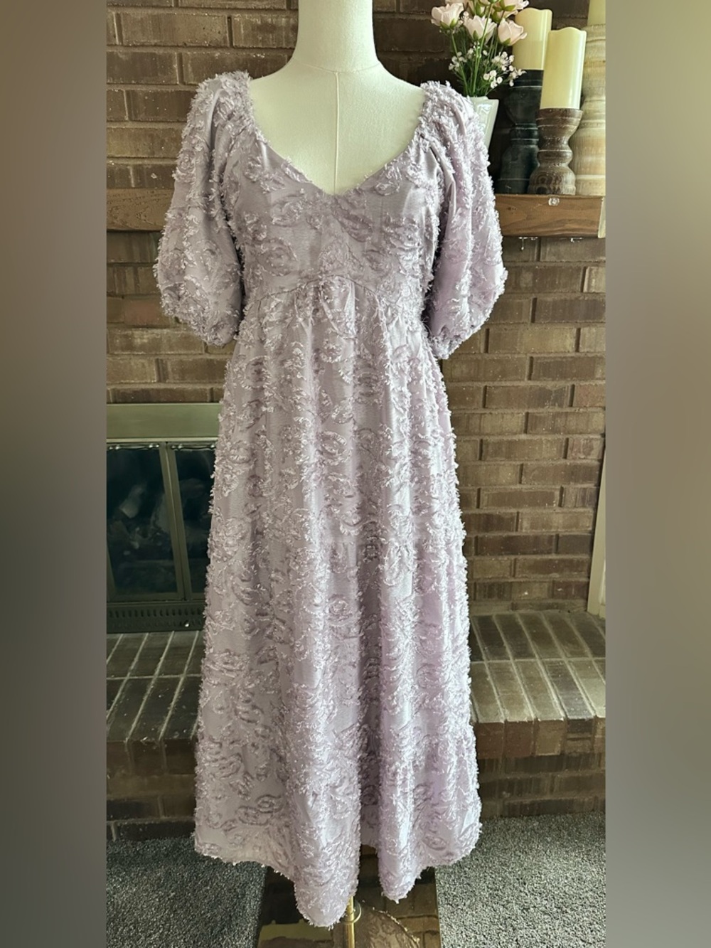 Polagram Lavender Lilac Textured Burnout Puff Sleeve Midi Dress Size Small